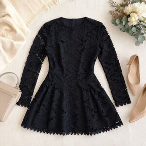 ST. STUDIO Fit & Flare Dress Womens 36 Black Lace Mix 3D Long Sleeve Cocktail